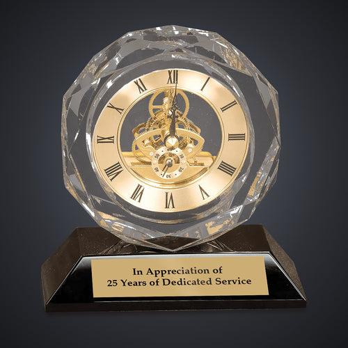 5 3/4" Clear Crystal Clock on Black Pedestal Base engraved award by Buckeye Branding Company, Copley OH