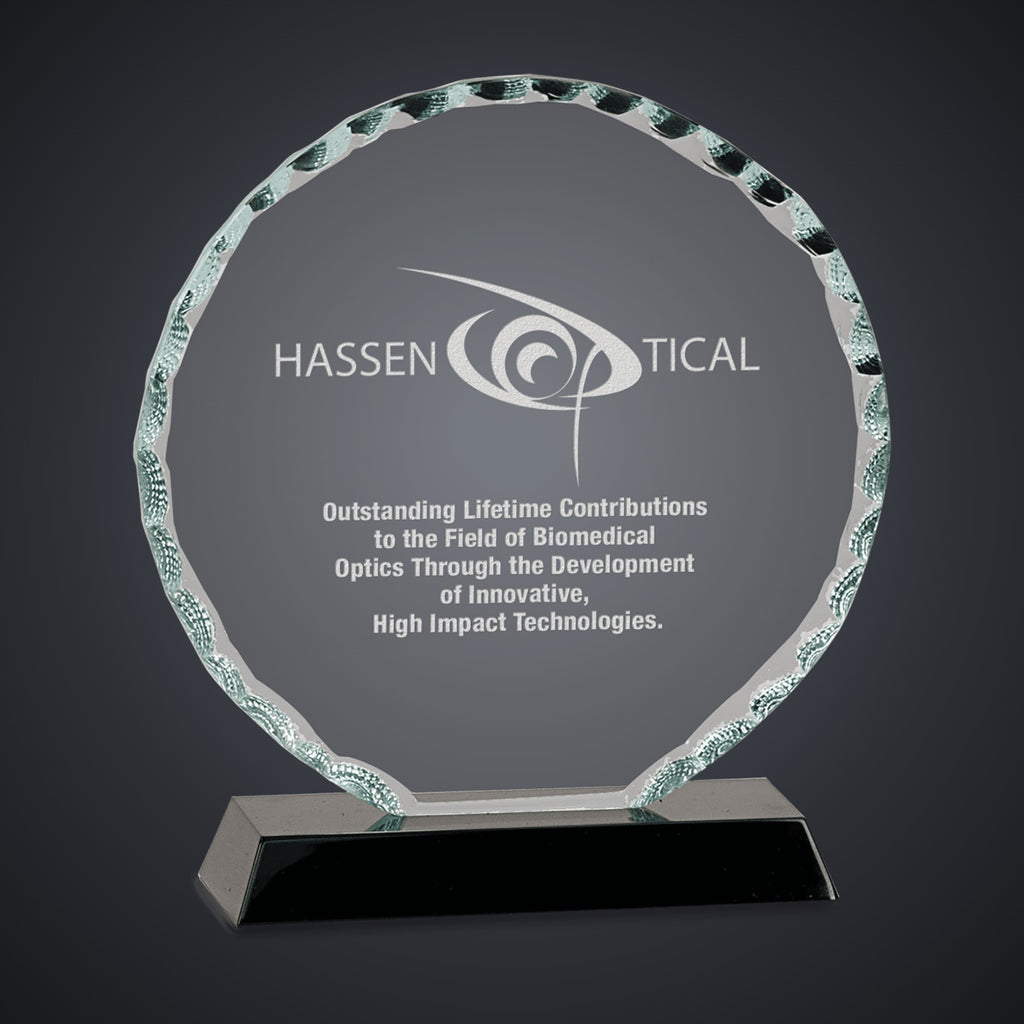 5" Round Facet Glass on Black Base engraved award by Buckeye Branding Company, Copley OH