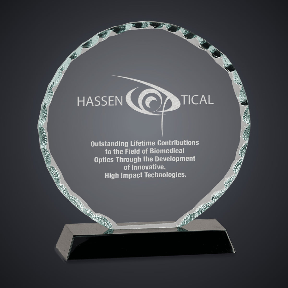 5" Round Facet Glass on Black Base engraved award by Buckeye Branding Company, Copley OH