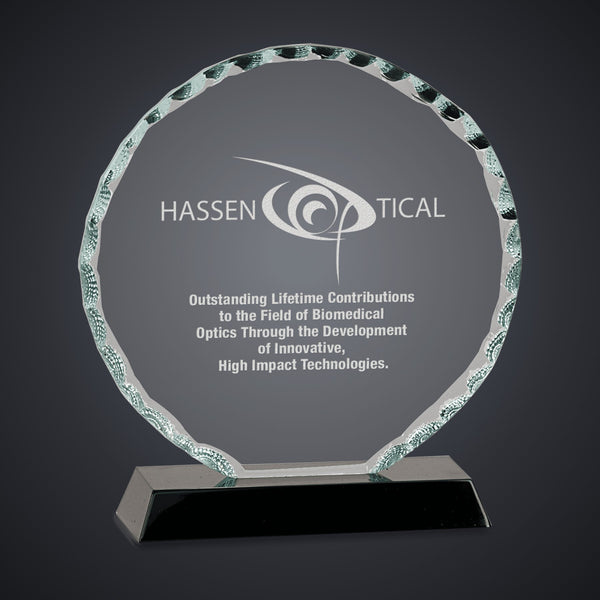 5" Round Facet Glass on Black Base engraved award by Buckeye Branding Company, Copley OH