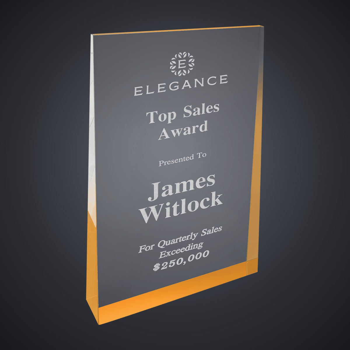 5" x 8" Gold Acrylic Wedge engraved award by Buckeye Branding Company, Copley OH