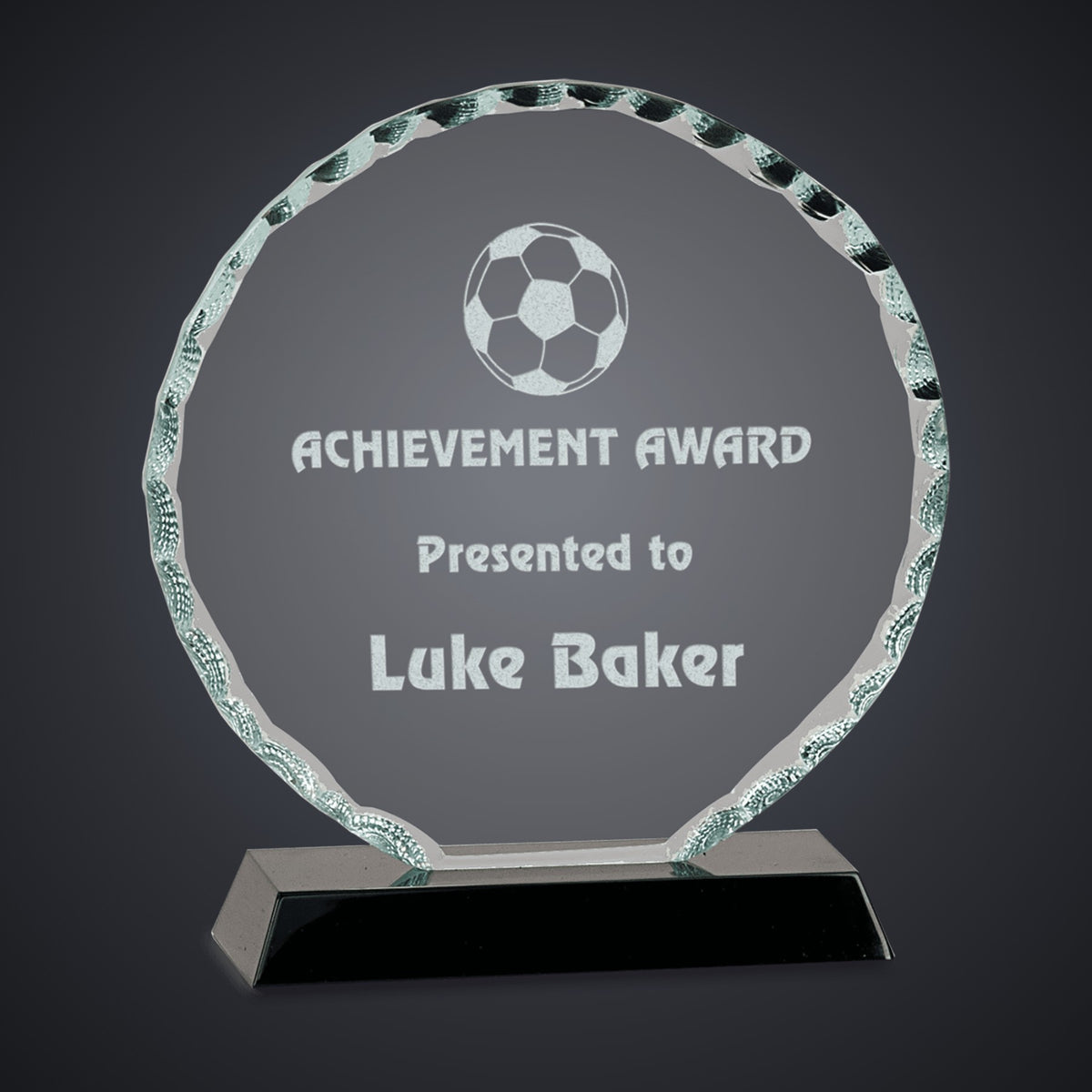 6 1/2" Round Facet Glass on Black Base engraved award by Buckeye Branding Company, Copley OH