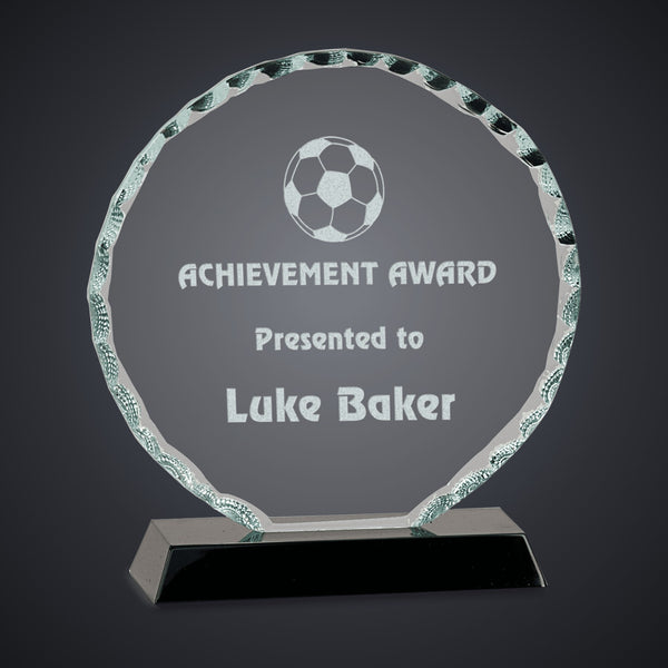 6 1/2" Round Facet Glass on Black Base engraved award by Buckeye Branding Company, Copley OH