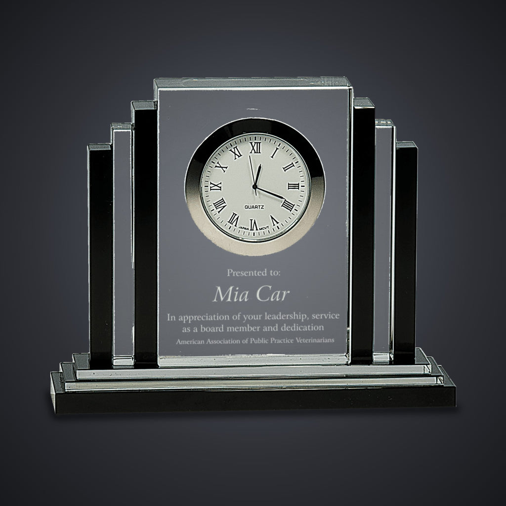 6" Clear Crystal with Clock and Black Crystal Trim engraved award by Buckeye Branding Company, Copley OH