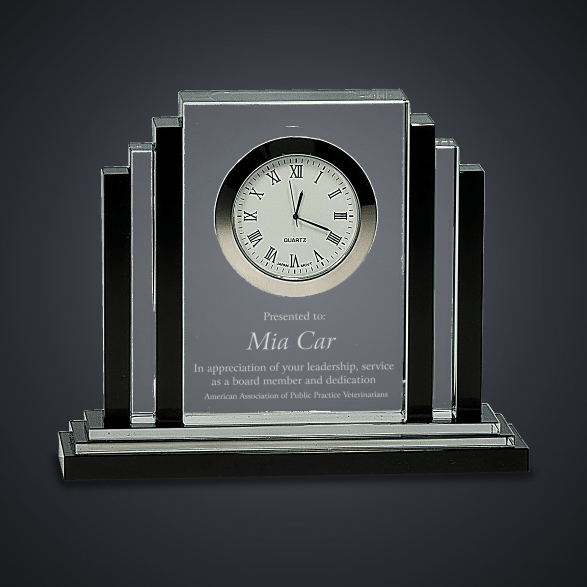 6" Clear Crystal with Clock and Black Crystal Trim engraved award by Buckeye Branding Company, Copley OH