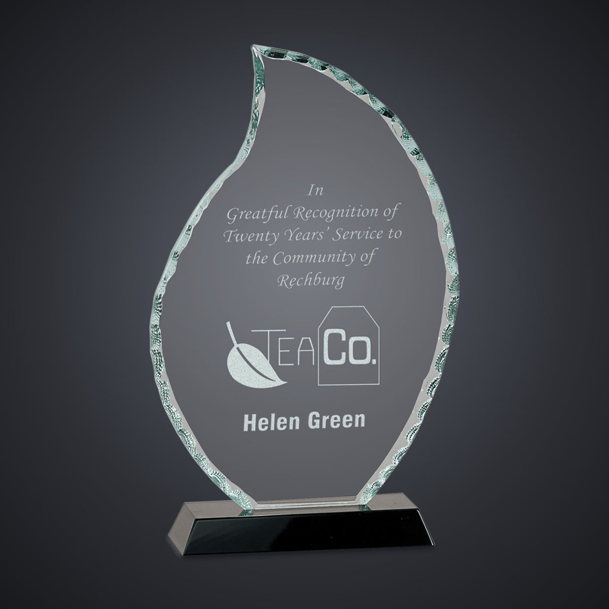 9 1/2" Flame Facet Glass on Black Base engraved award by Buckeye Branding Company, Copley OH