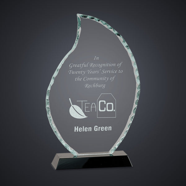 9 1/2" Flame Facet Glass on Black Base engraved award by Buckeye Branding Company, Copley OH
