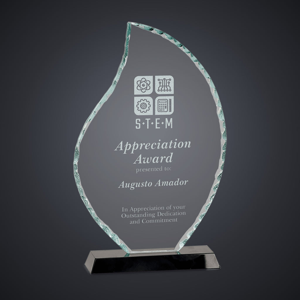 8 1/2" Flame Facet Glass on Black Base engraved award by Buckeye Branding Company, Copley OH