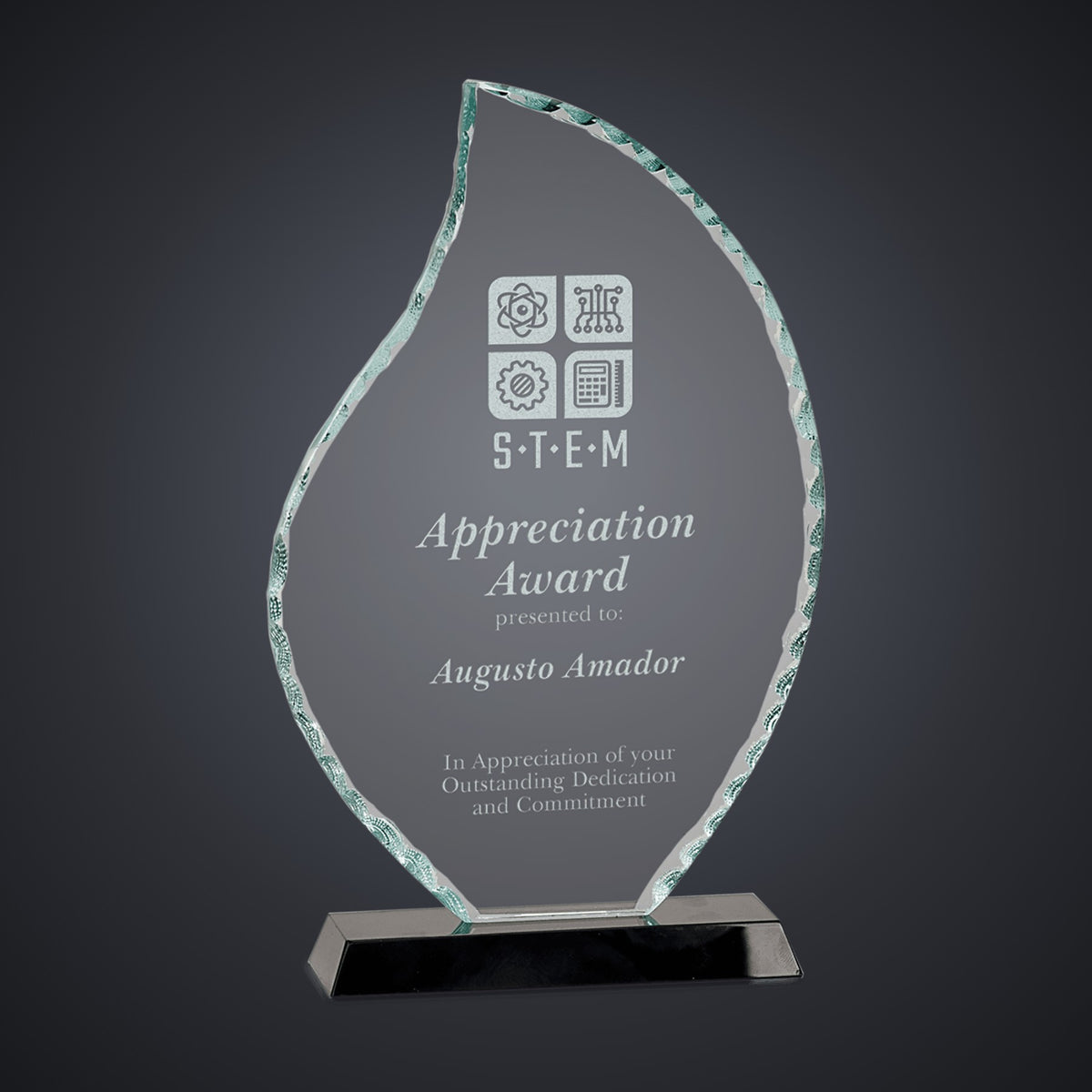 8 1/2" Flame Facet Glass on Black Base engraved award by Buckeye Branding Company, Copley OH