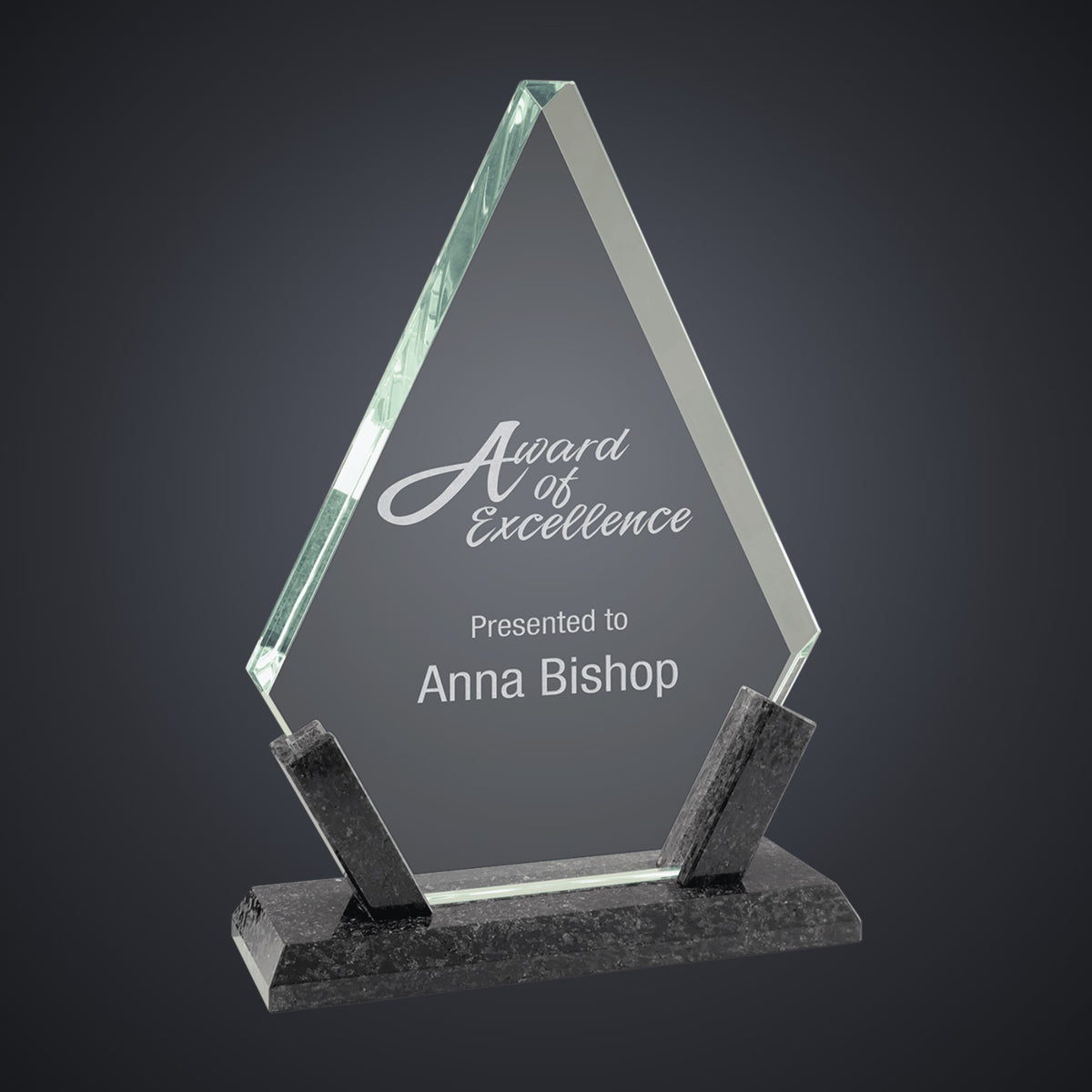 8 1/4" Diamond Glass with Black Marble Base engraved award by Buckeye Branding Company, Copley OH