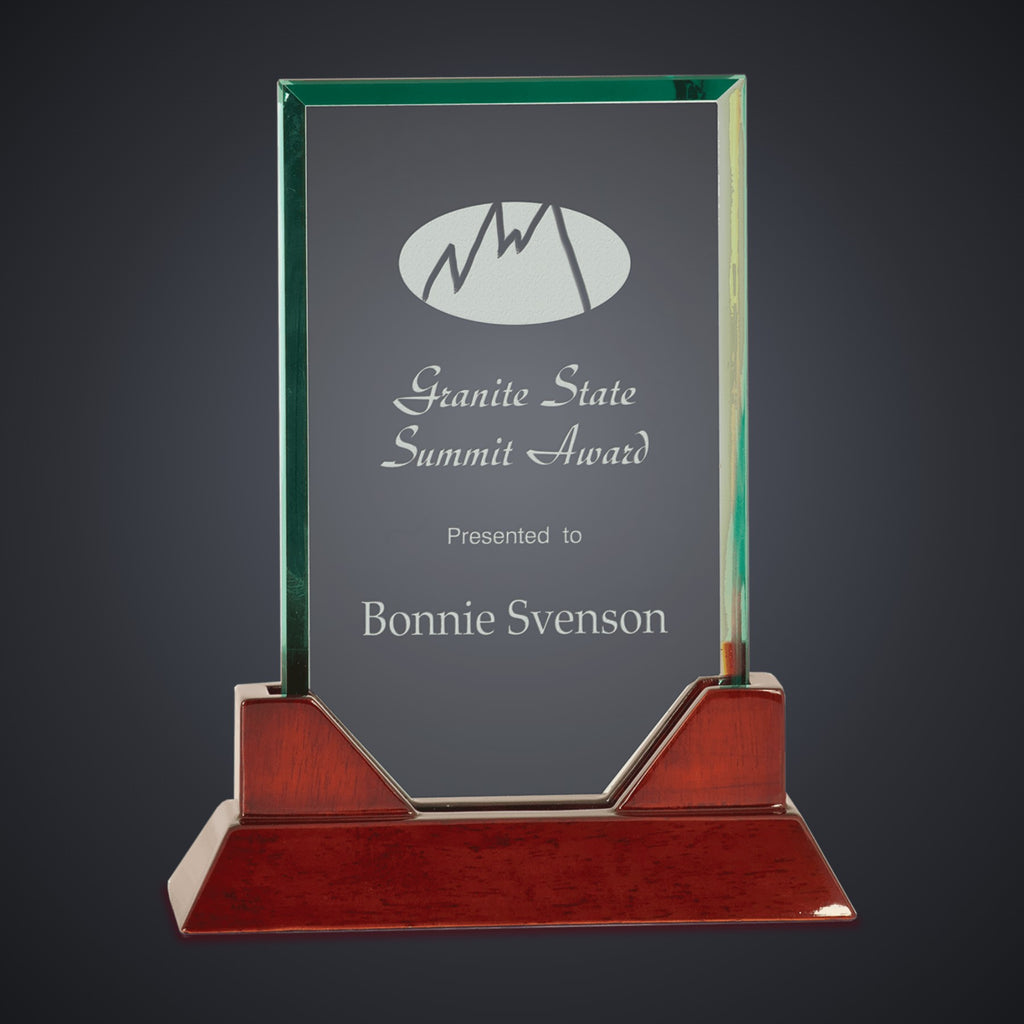 8 3/4" Rectangle Prestige Glass with Rosewood Piano Finish Base engraved award by Buckeye Branding Company, Copley OH