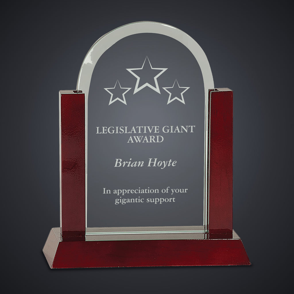8" Gateway Jade Dome Glass Award with Rosewood Finish Base engraved award by Buckeye Branding Company, Copley OH
