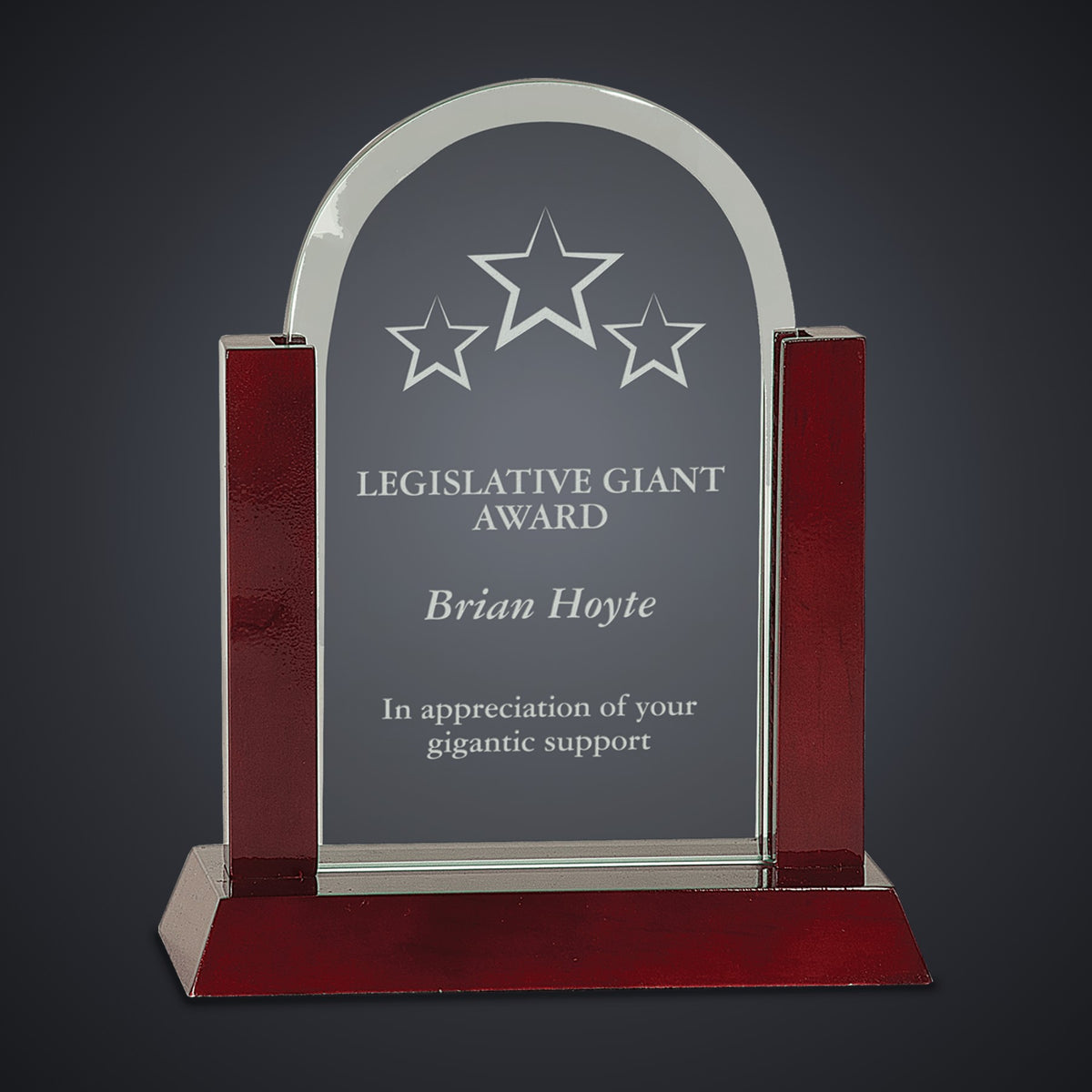 8" Gateway Jade Dome Glass Award with Rosewood Finish Base engraved award by Buckeye Branding Company, Copley OH