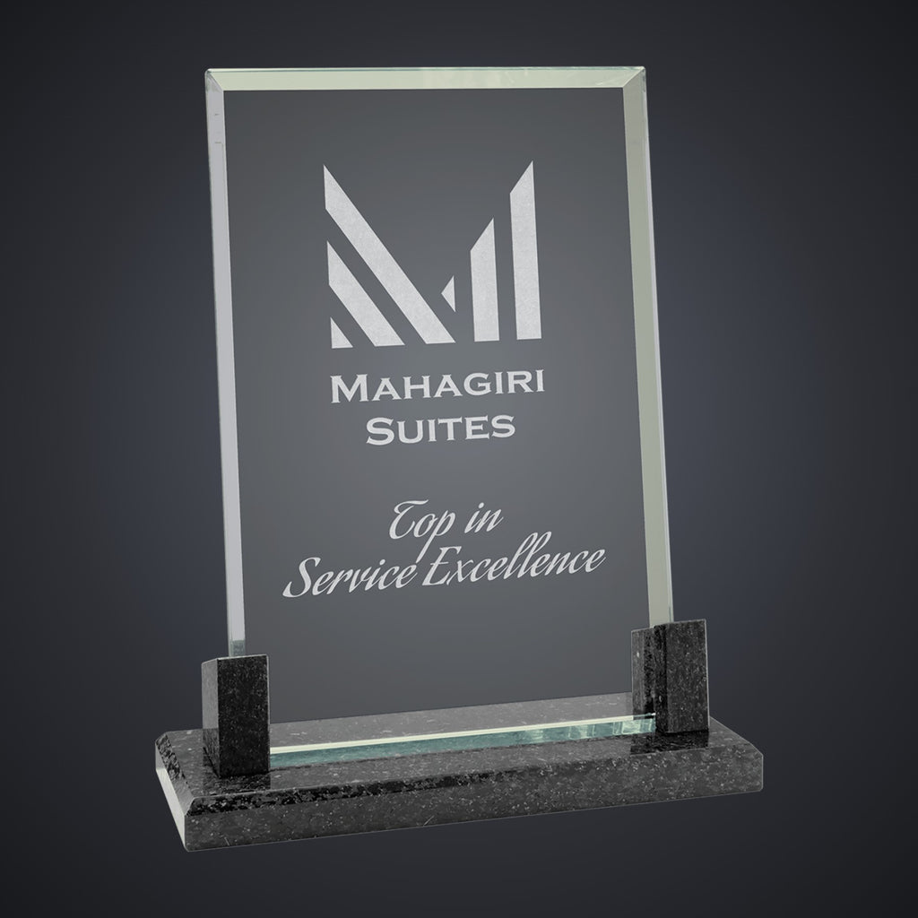 8" Rectangle Glass with Black Marble Base engraved award by Buckeye Branding Company, Copley OH