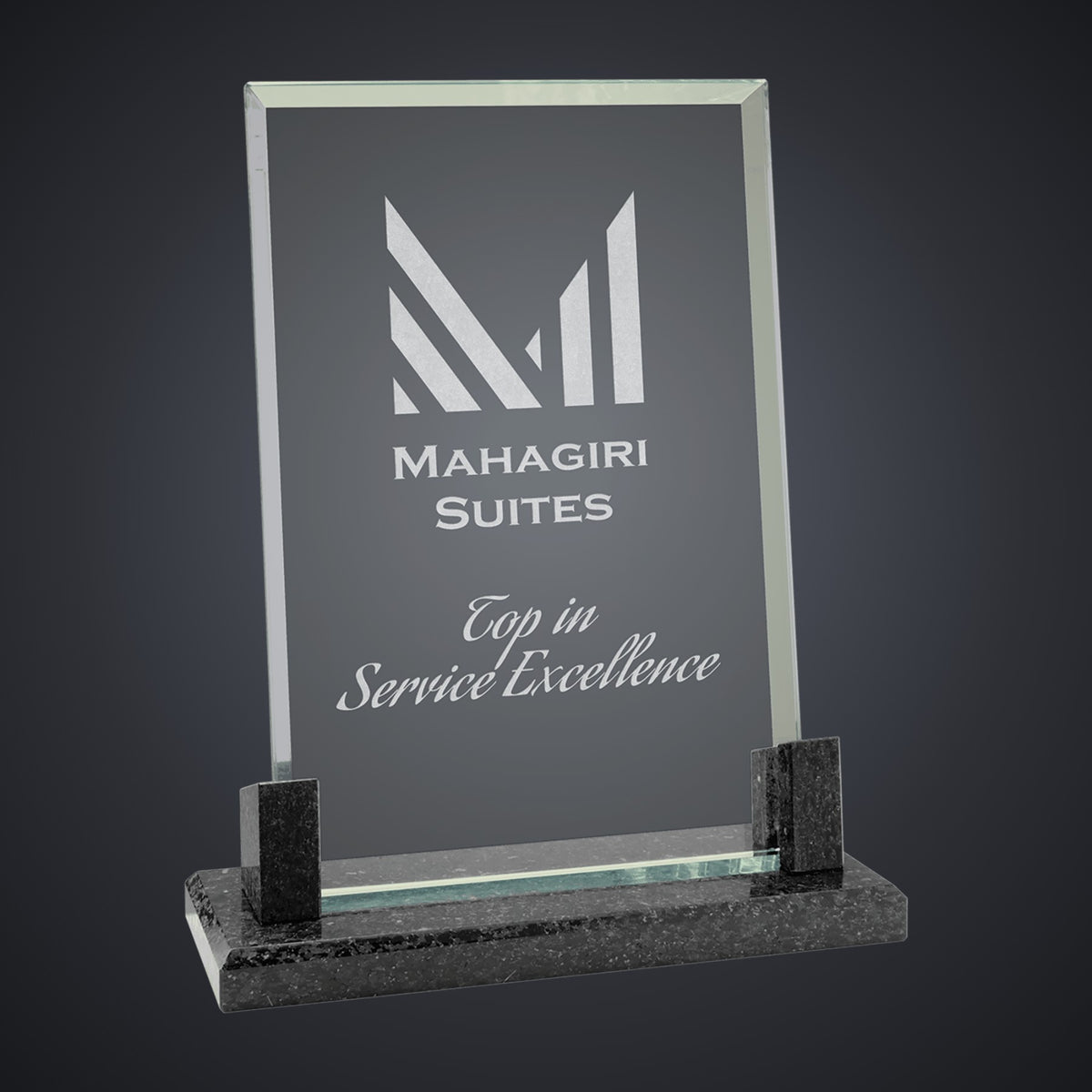 8" Rectangle Glass with Black Marble Base engraved award by Buckeye Branding Company, Copley OH