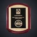 11" x 15" Rosewood Piano Finish Plaque with Metal Gold Sunburst Frame Casting and Black LaserFX Plate engraved award by Buckeye Branding Company, Copley OH