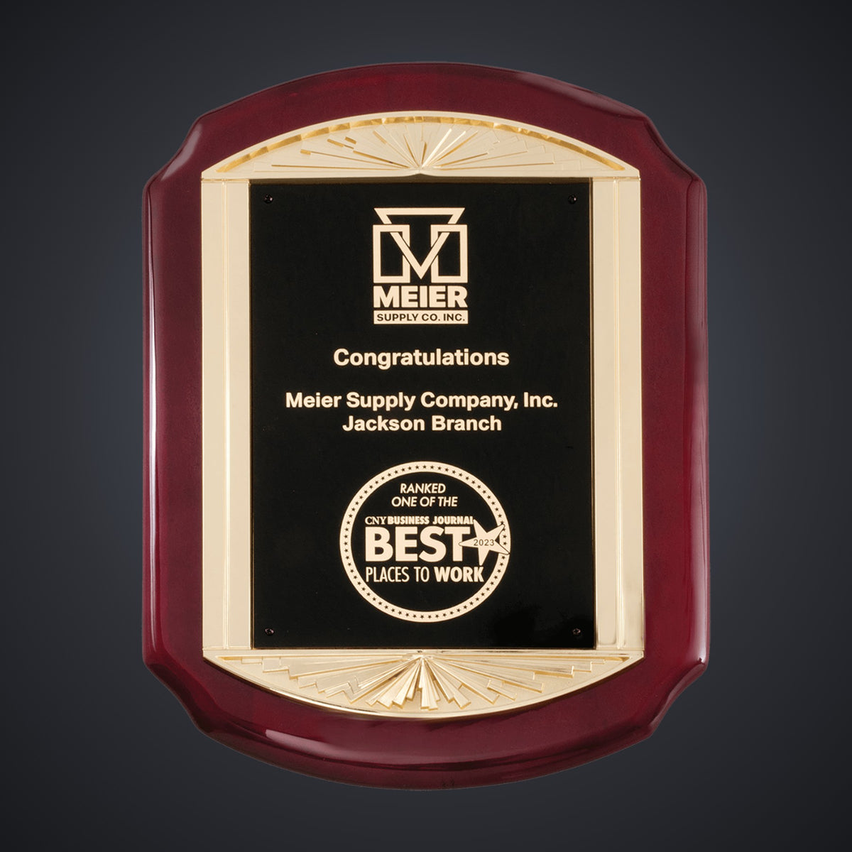 11" x 15" Rosewood Piano Finish Plaque with Metal Gold Sunburst Frame Casting and Black LaserFX Plate engraved award by Buckeye Branding Company, Copley OH