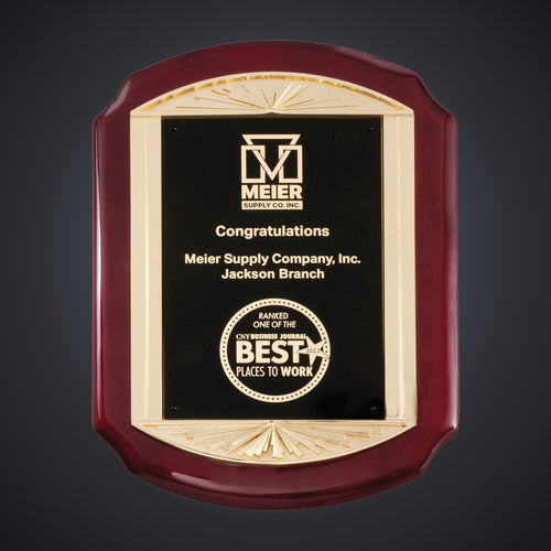 11" x 15" Rosewood Piano Finish Plaque with Metal Gold Sunburst Frame Casting and Black LaserFX Plate engraved award by Buckeye Branding Company, Copley OH