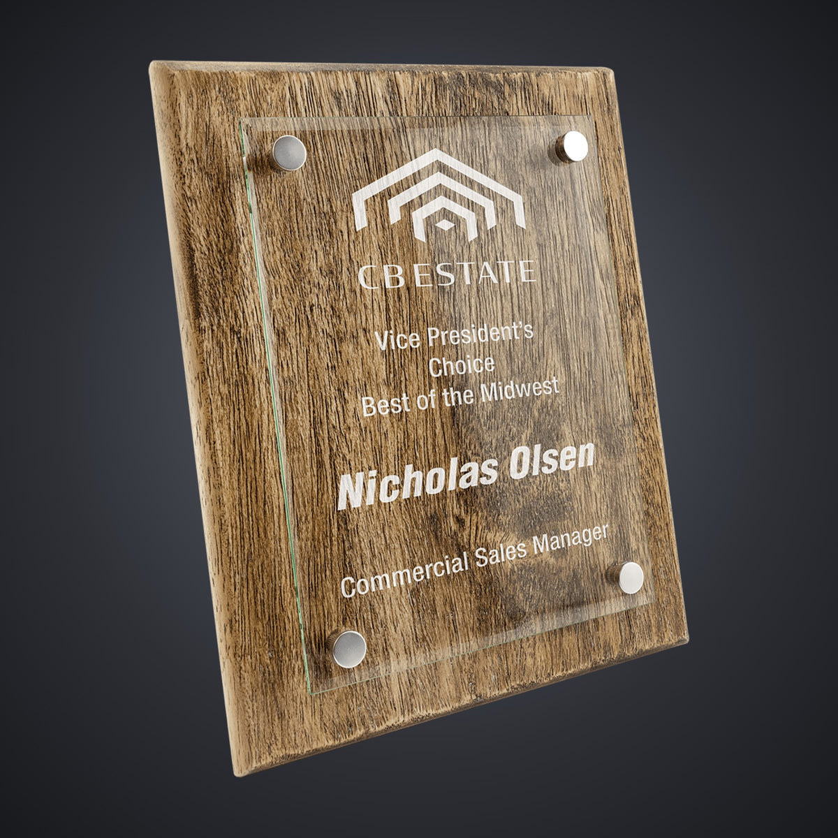 8" x 10" Barnwood Floating Glass Plaque engraved award by Buckeye Branding Company, Copley OH