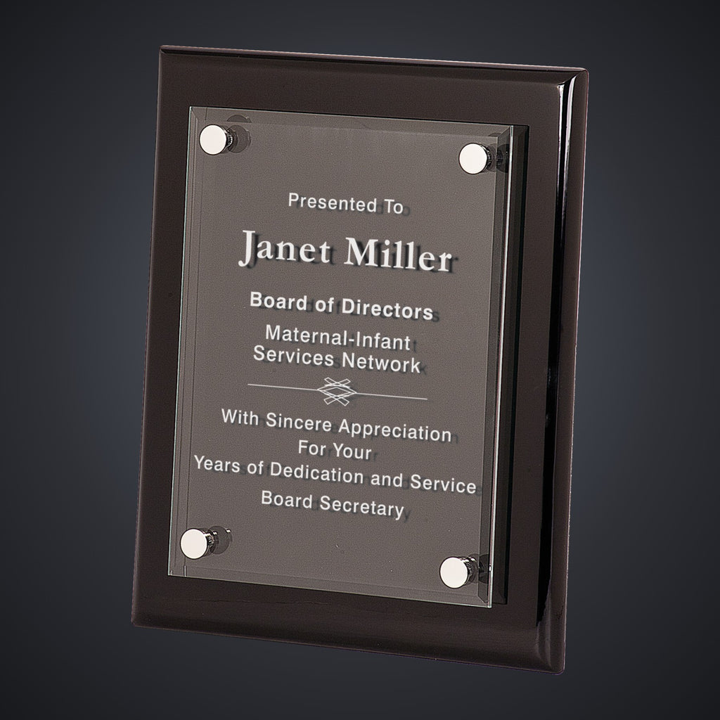 8" x 10" Black Piano Finish Floating Acrylic Plaque engraved award by Buckeye Branding Company, Copley OH