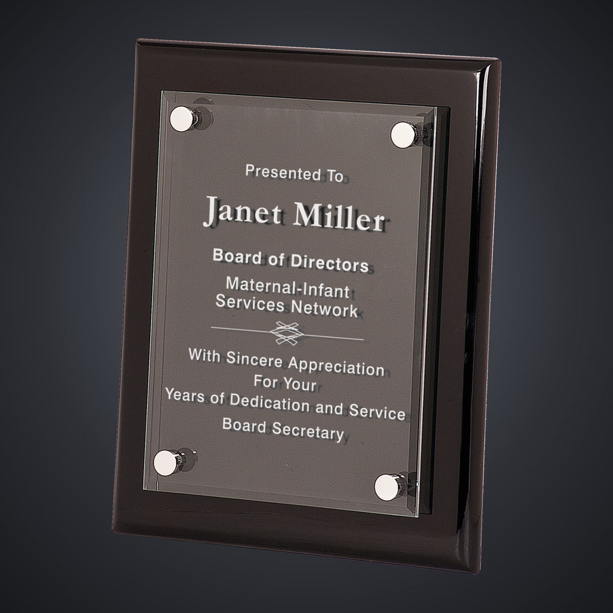 8" x 10" Black Piano Finish Floating Acrylic Plaque engraved award by Buckeye Branding Company, Copley OH