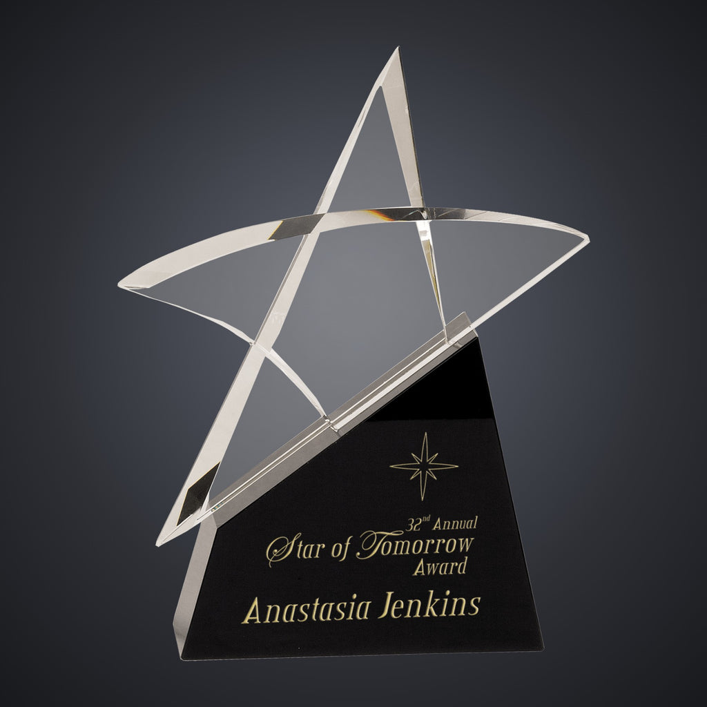 9 1/2" Clear Crystal Outline Star on Black Base engraved award by Buckeye Branding Company, Copley OH