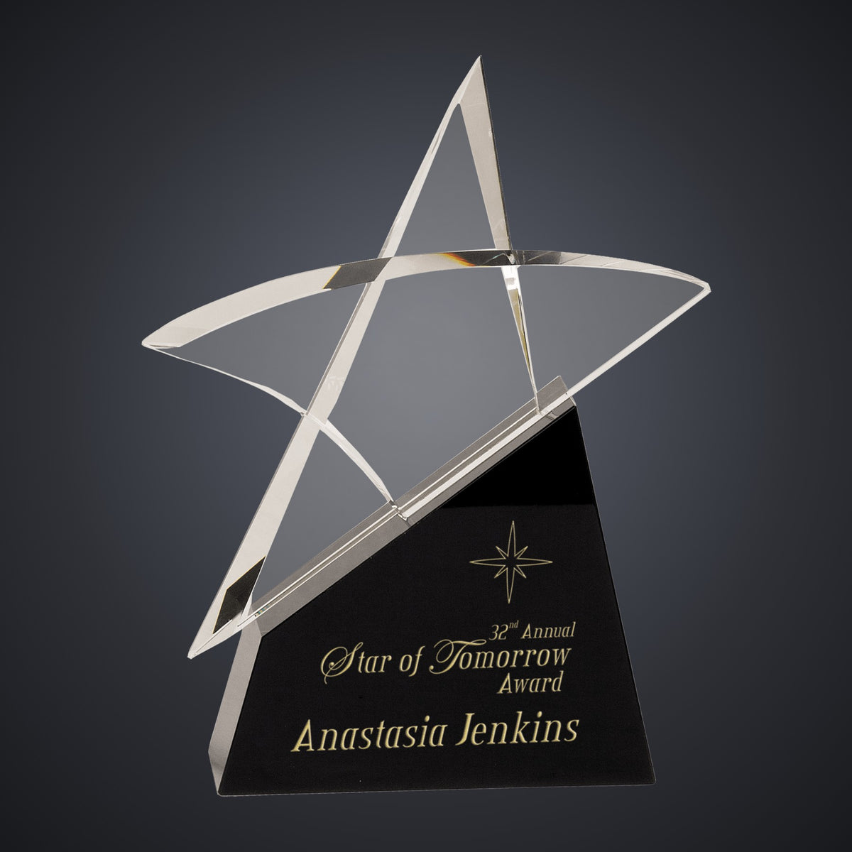 9 1/2" Clear Crystal Outline Star on Black Base engraved award by Buckeye Branding Company, Copley OH