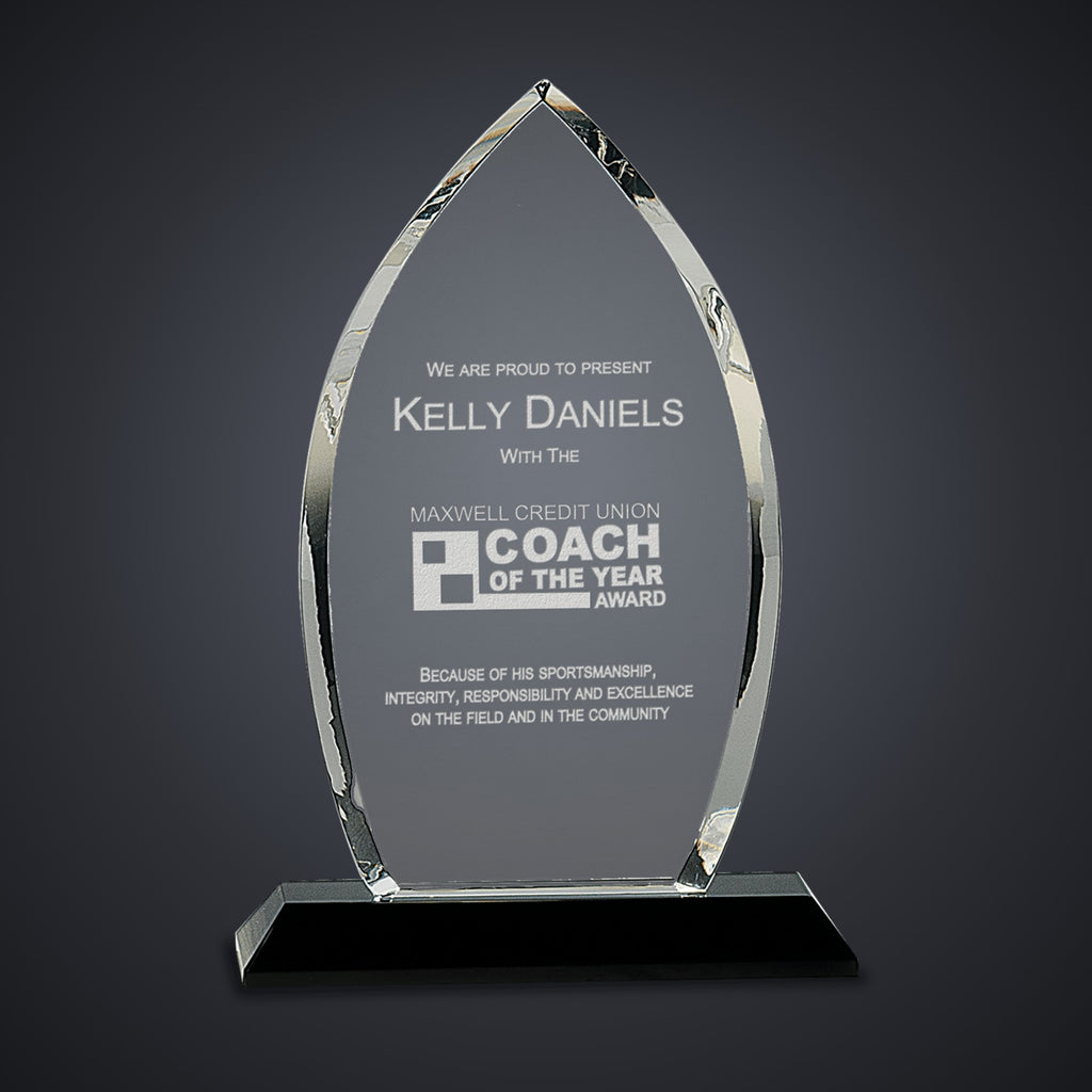 9 1/2" Clear Crystal Oval on Black Pedestal Base engraved award by Buckeye Branding Company, Copley OH