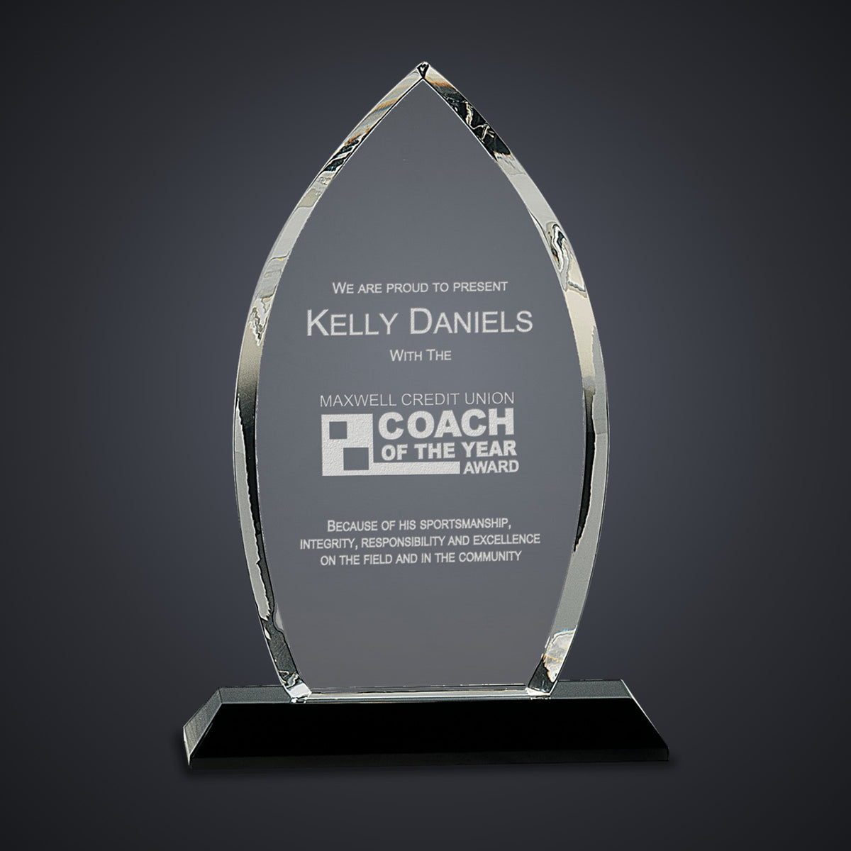 9 1/2" Clear Crystal Oval on Black Pedestal Base engraved award by Buckeye Branding Company, Copley OH