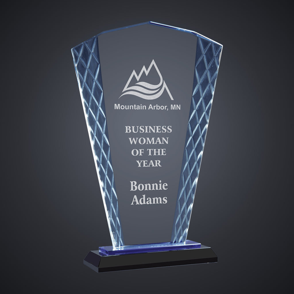 9 1/2" Clear Fan Accent Glass on Blue & Black Reflective Base engraved award by Buckeye Branding Company, Copley OH