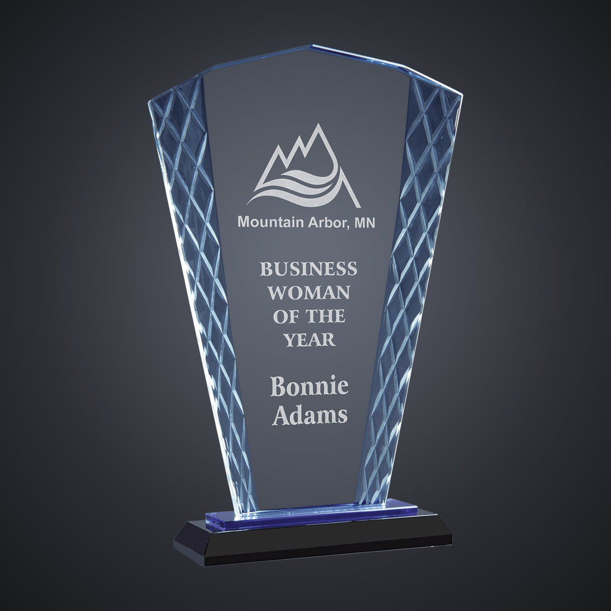 9 1/2" Clear Fan Accent Glass on Blue & Black Reflective Base engraved award by Buckeye Branding Company, Copley OH