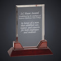 9 3/4" Rectangle Prestige Acrylic with Rosewood Piano Finish Base engraved award by Buckeye Branding Company, Copley OH
