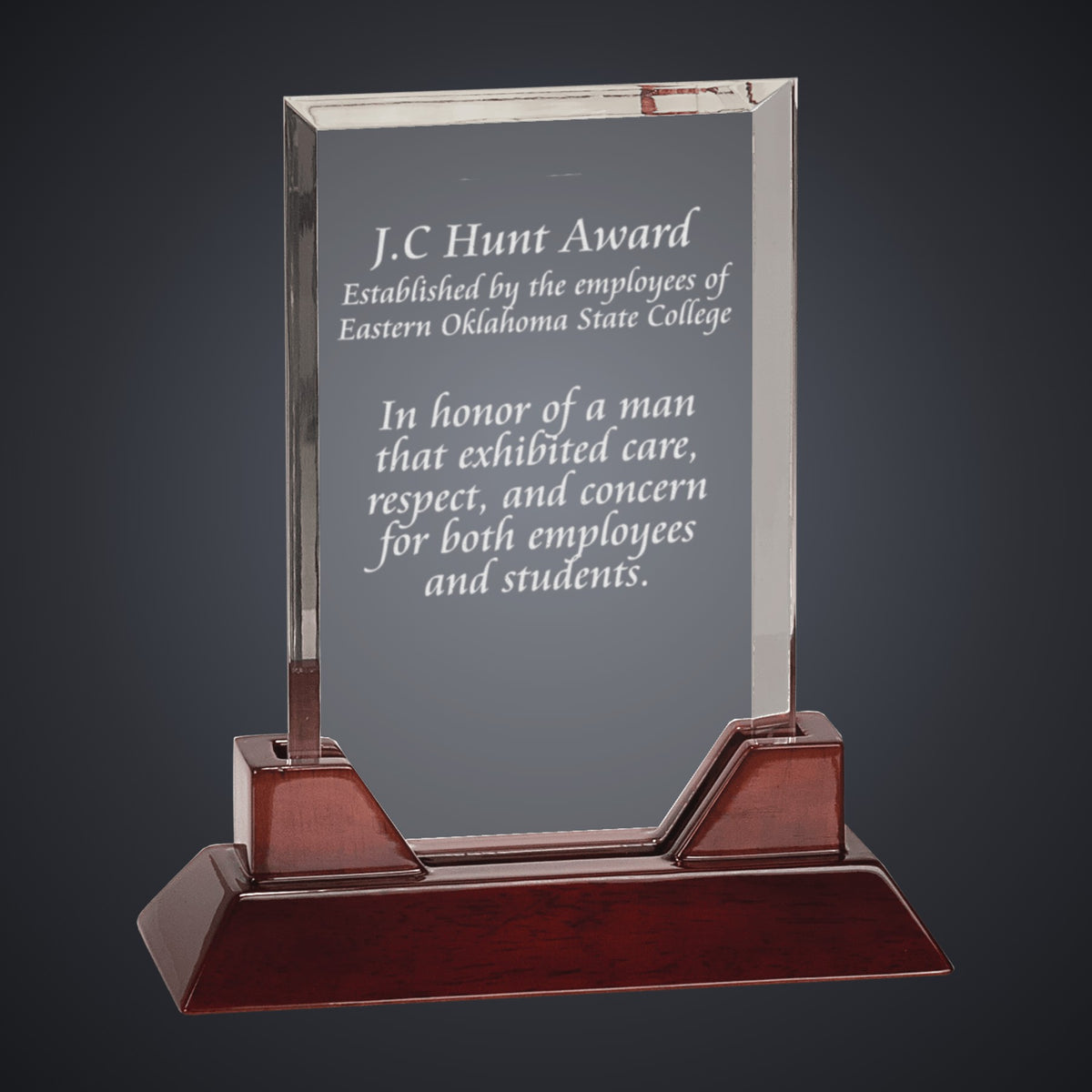 9 3/4" Rectangle Prestige Acrylic with Rosewood Piano Finish Base engraved award by Buckeye Branding Company, Copley OH