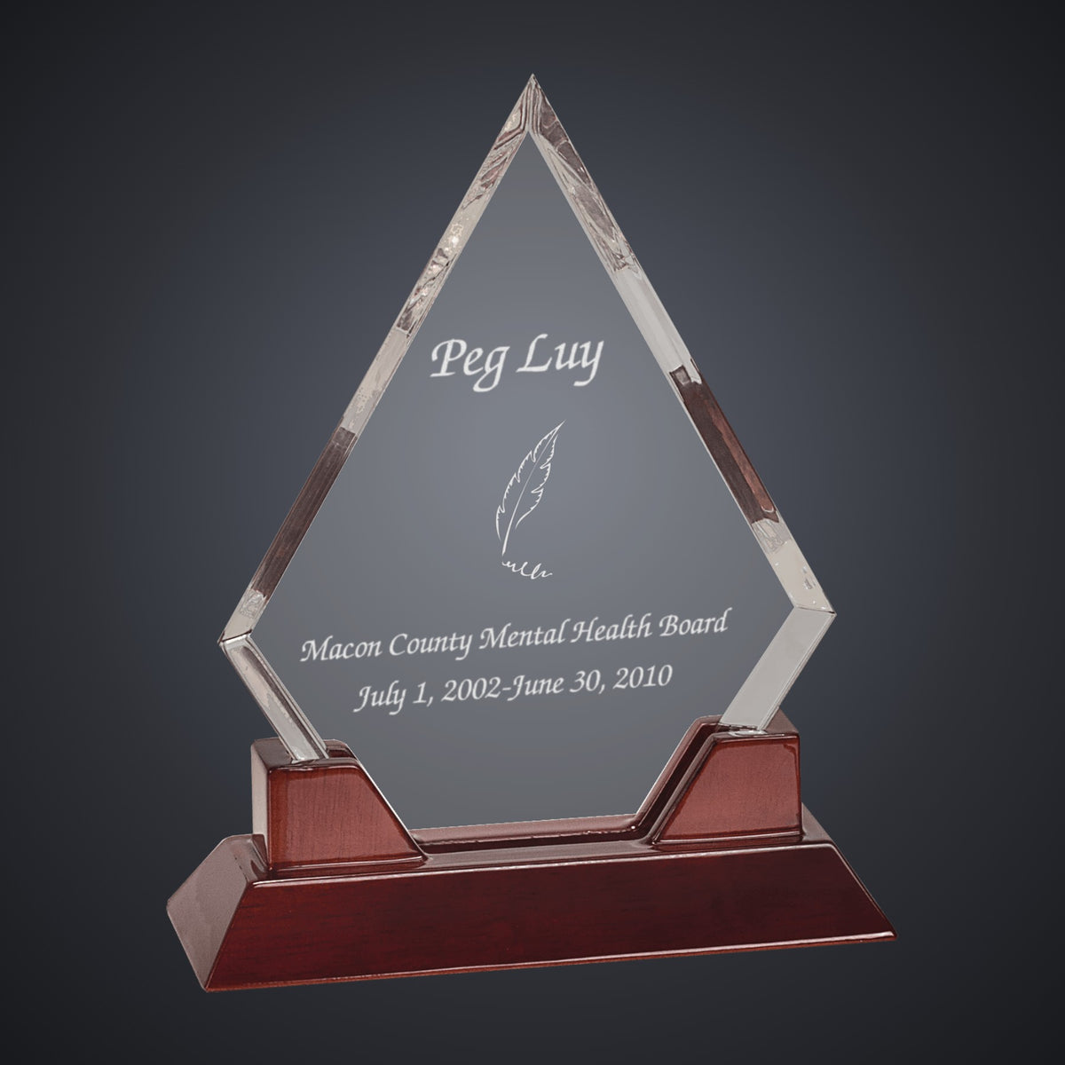 9 1/2" Diamond Prestige Acrylic with Rosewood Piano Finish Base engraved award by Buckeye Branding Company, Copley OH