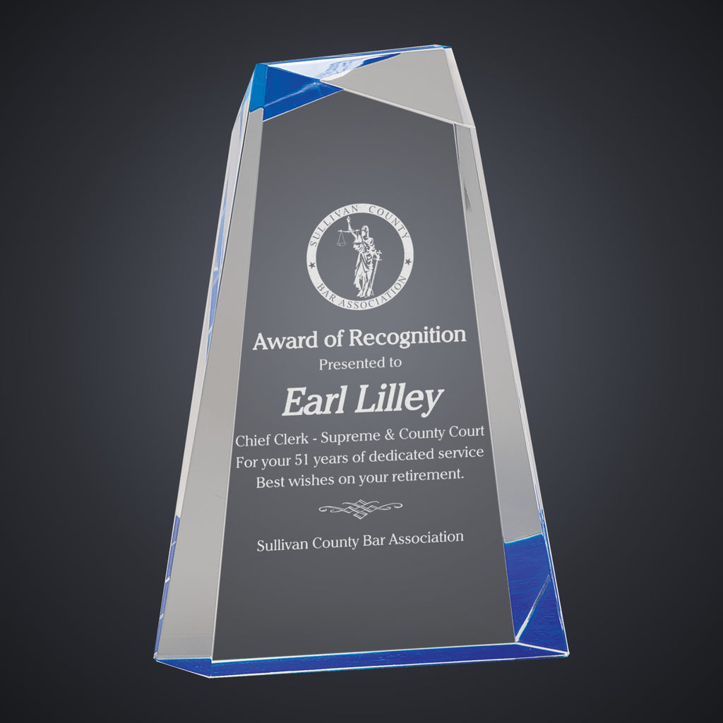 9" Blue Facet Wedge Acrylic engraved award by Buckeye Branding Company, Copley OH