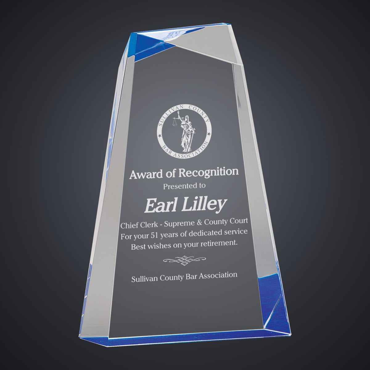 9" Blue Facet Wedge Acrylic engraved award by Buckeye Branding Company, Copley OH
