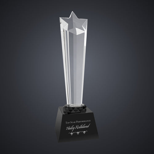 10" Crystal Rising Star with Black Base engraved award by Buckeye Branding Company, Copley OH