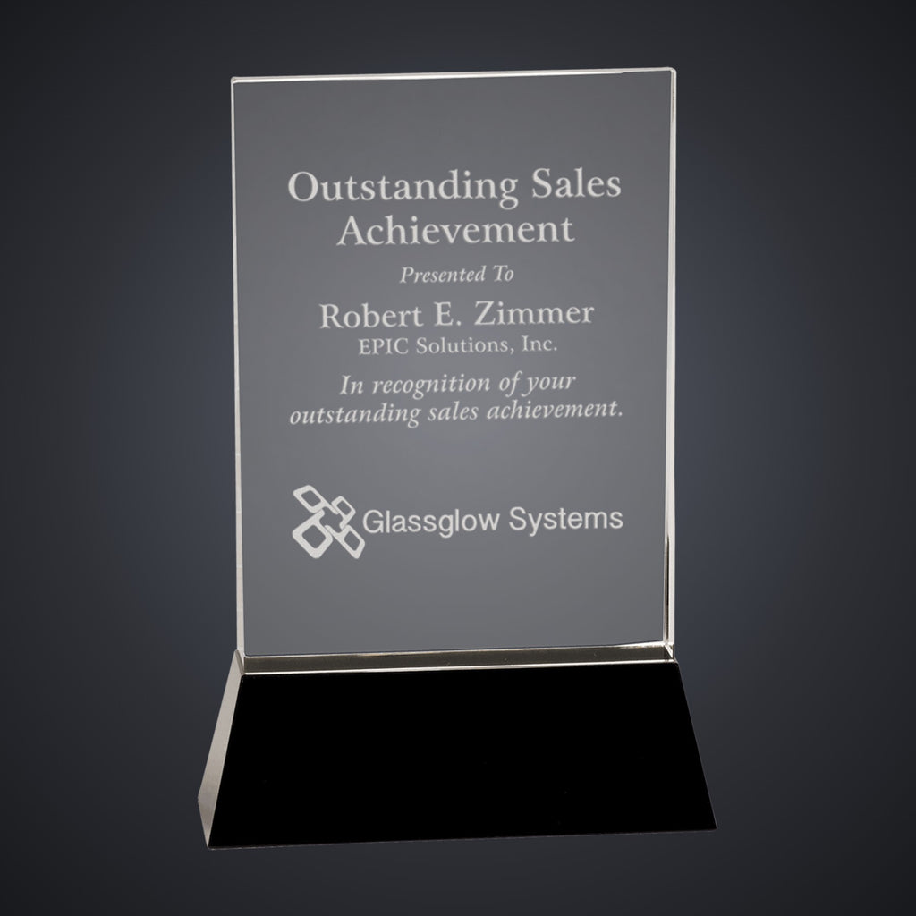 9" Clear Crystal Rectangle Wedge on Black Base engraved award by Buckeye Branding Company, Copley OH