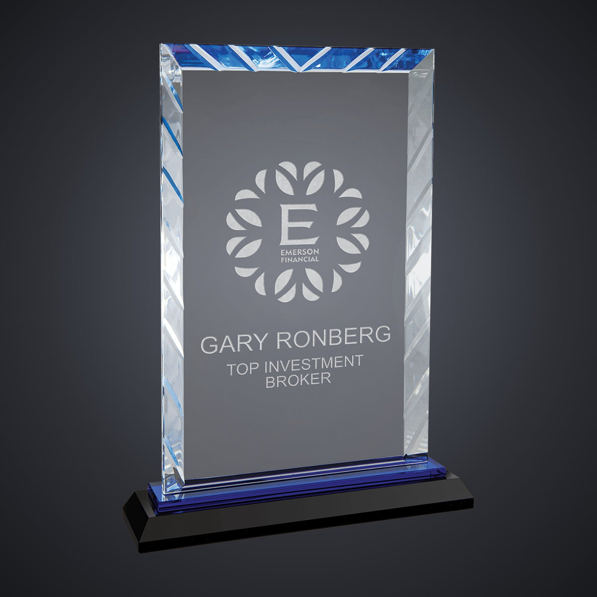 9" Clear Rectangle Accent Glass on Black and Blue Reflective Base engraved award by Buckeye Branding Company, Copley OH