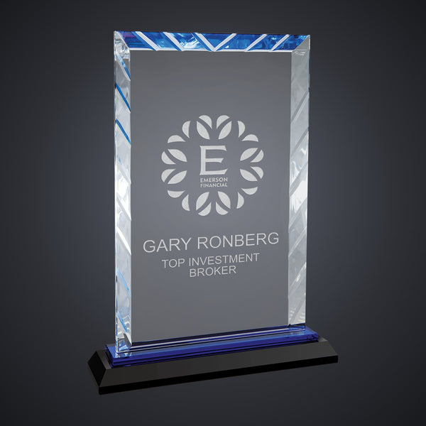 9" Clear Rectangle Accent Glass on Black and Blue Reflective Base engraved award by Buckeye Branding Company, Copley OH