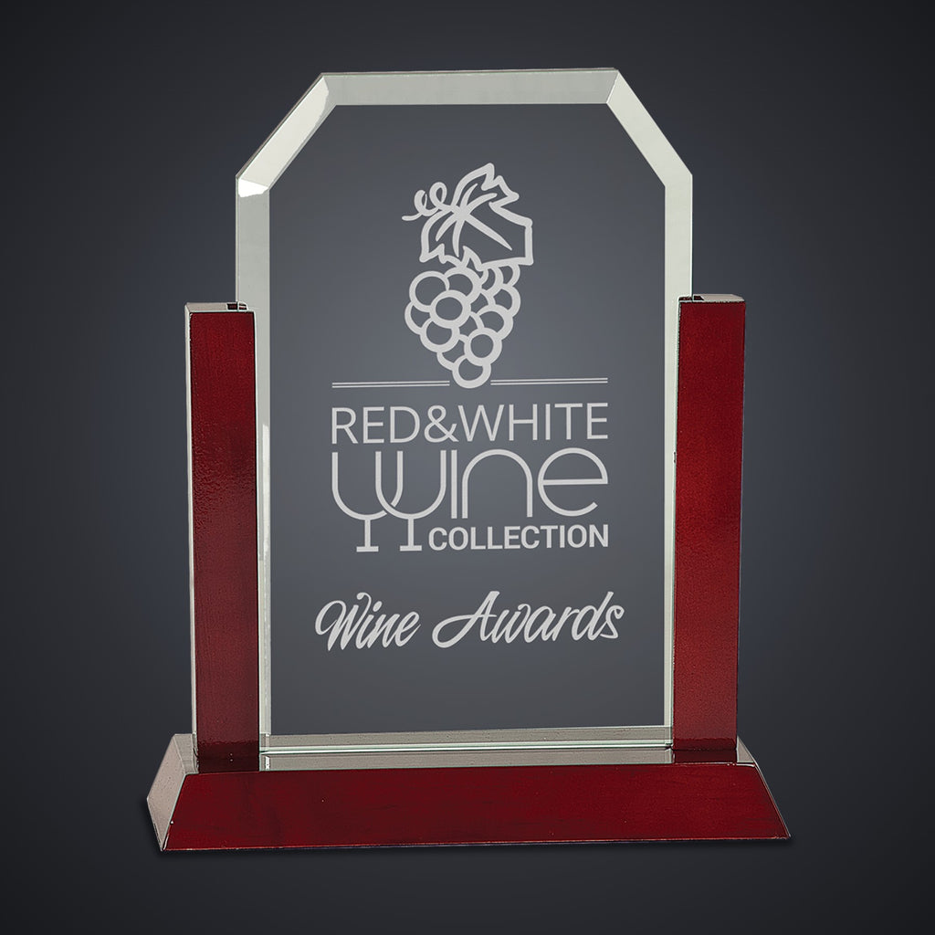 9" Gateway Jade Clip Corner Glass Award with Rosewood Finish Base engraved award by Buckeye Branding Company, Copley OH