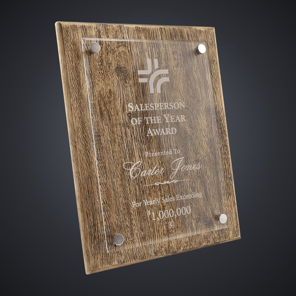 9" x 12" Barnwood Floating Acrylic Plaque engraved award by Buckeye Branding Company, Copley OH