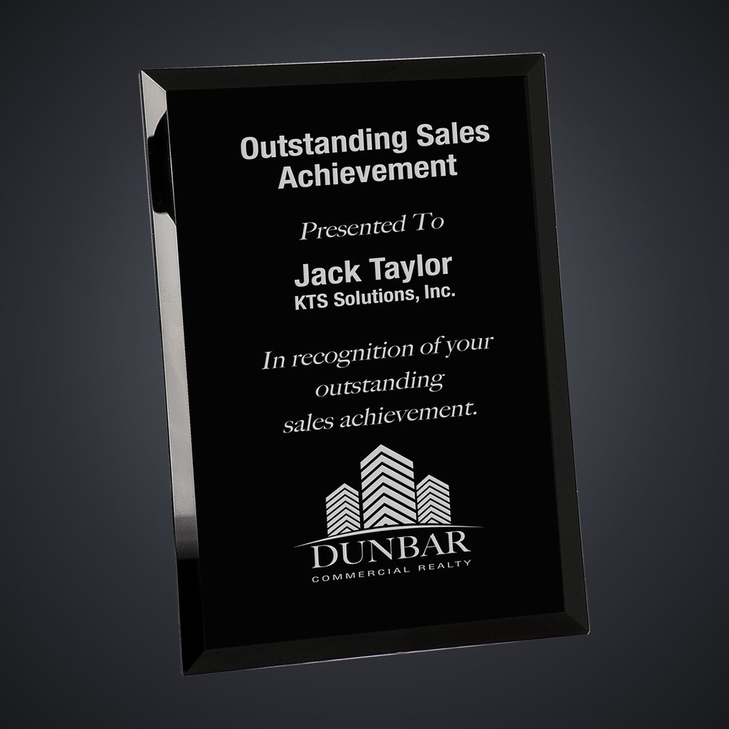 9" x 12" Black Glass Mirror Plaque engraved award by Buckeye Branding Company, Copley OH