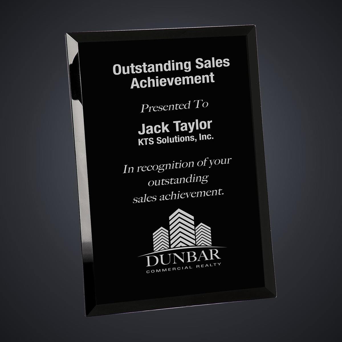 9" x 12" Black Glass Mirror Plaque engraved award by Buckeye Branding Company, Copley OH