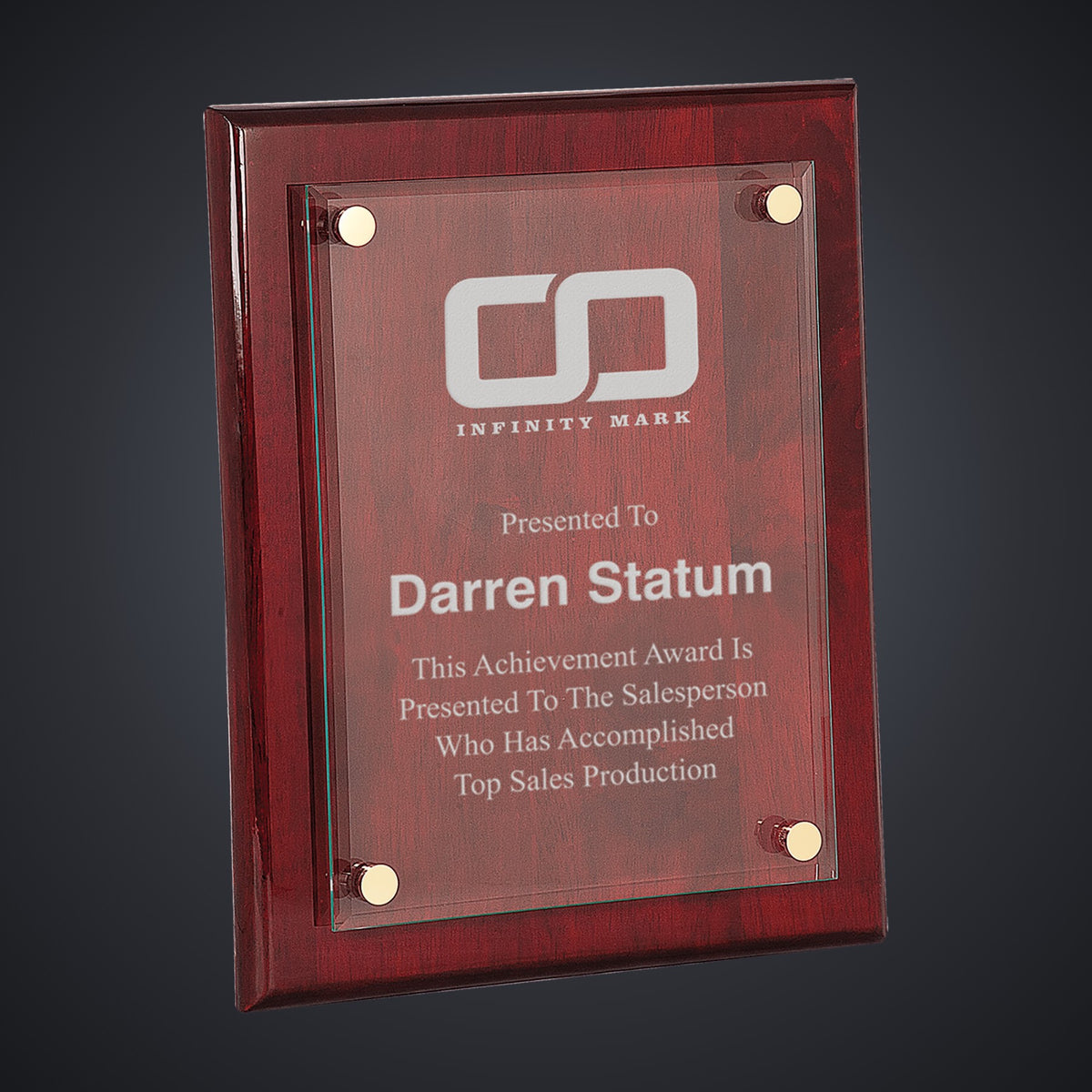 8" x 10" Rosewood Piano Finish Floating Glass Plaque engraved award by Buckeye Branding Company, Copley OH