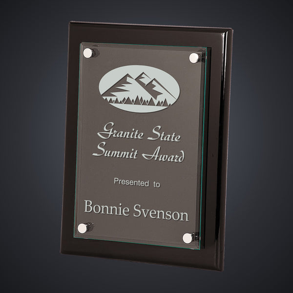 9" x 12" Black Piano Finish Floating Glass Plaque engraved award by Buckeye Branding Company, Copley OH
