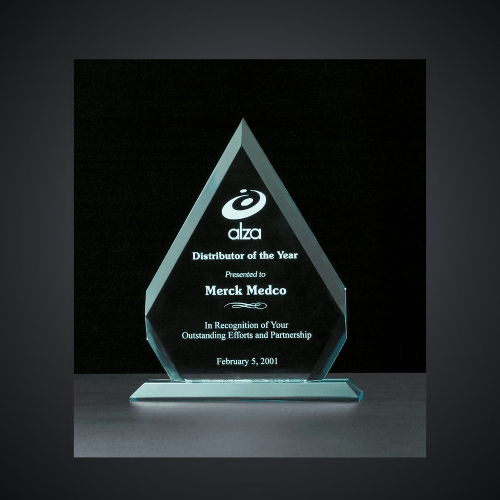 8 1/8" x 9 3/4" Arrow Jade Acrylic Award, laser engraved with a sample name and logo layout
