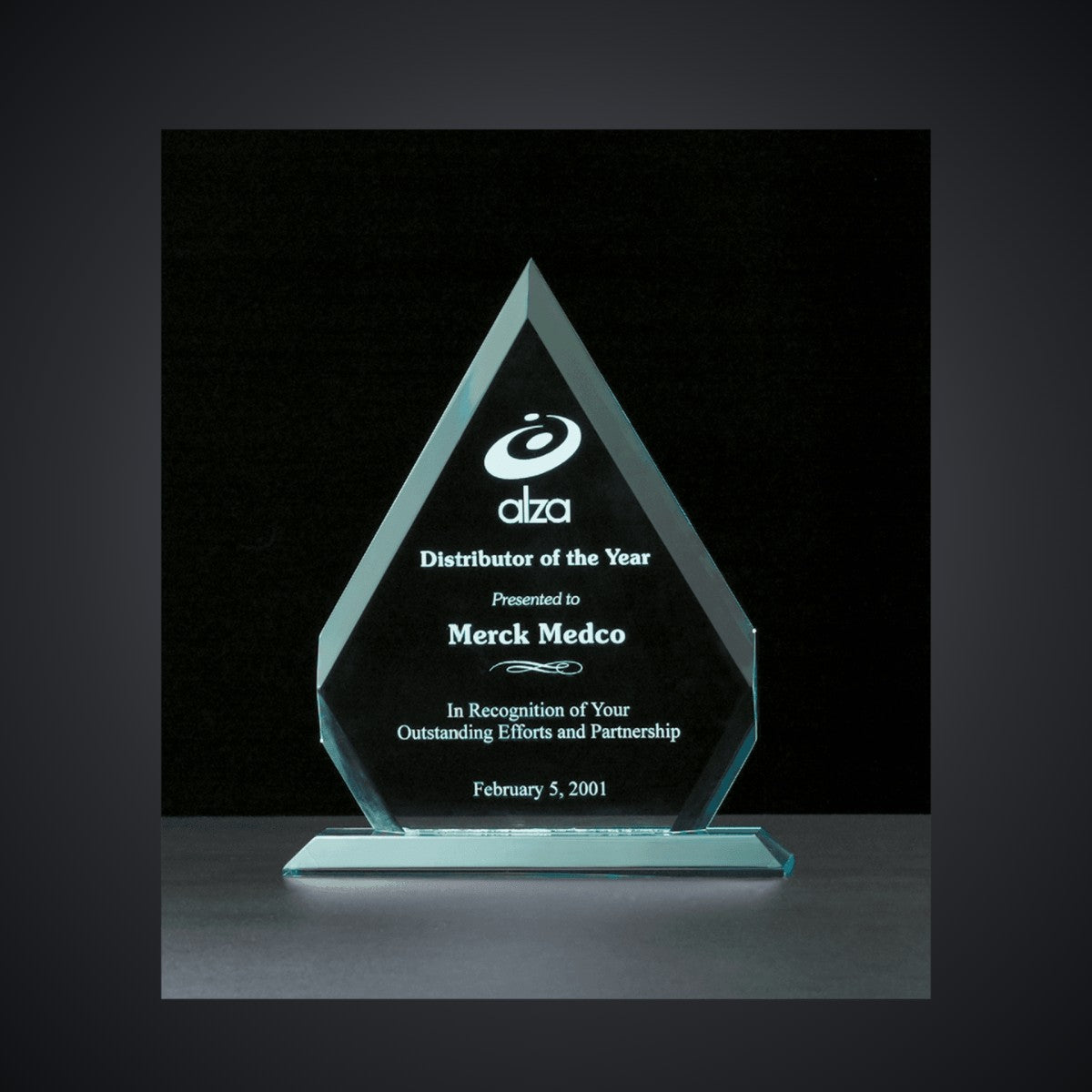 8 1/8" x 9 3/4" Arrow Jade Acrylic Award, laser engraved with a sample name and logo layout