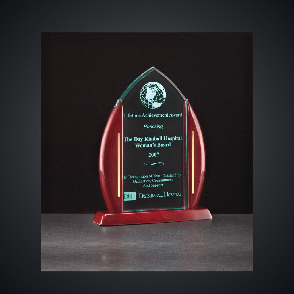 7 1/2" x 9 5/8" Flame Jade Acrylic Award with Rosewood Piano Finish Base, laser engraved with a sample name and logo layout
