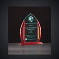 7 1/2" x 9 5/8" Flame Jade Acrylic Award with Rosewood Piano Finish Base, laser engraved with a sample name and logo layout